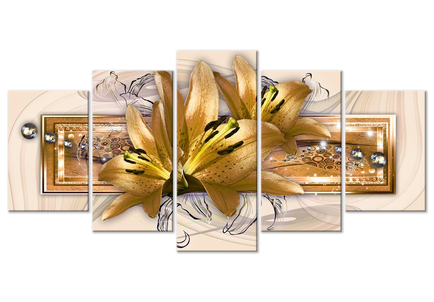 Cuadro moderno Lilies in the Garden (5 Parts) Wide Golden
