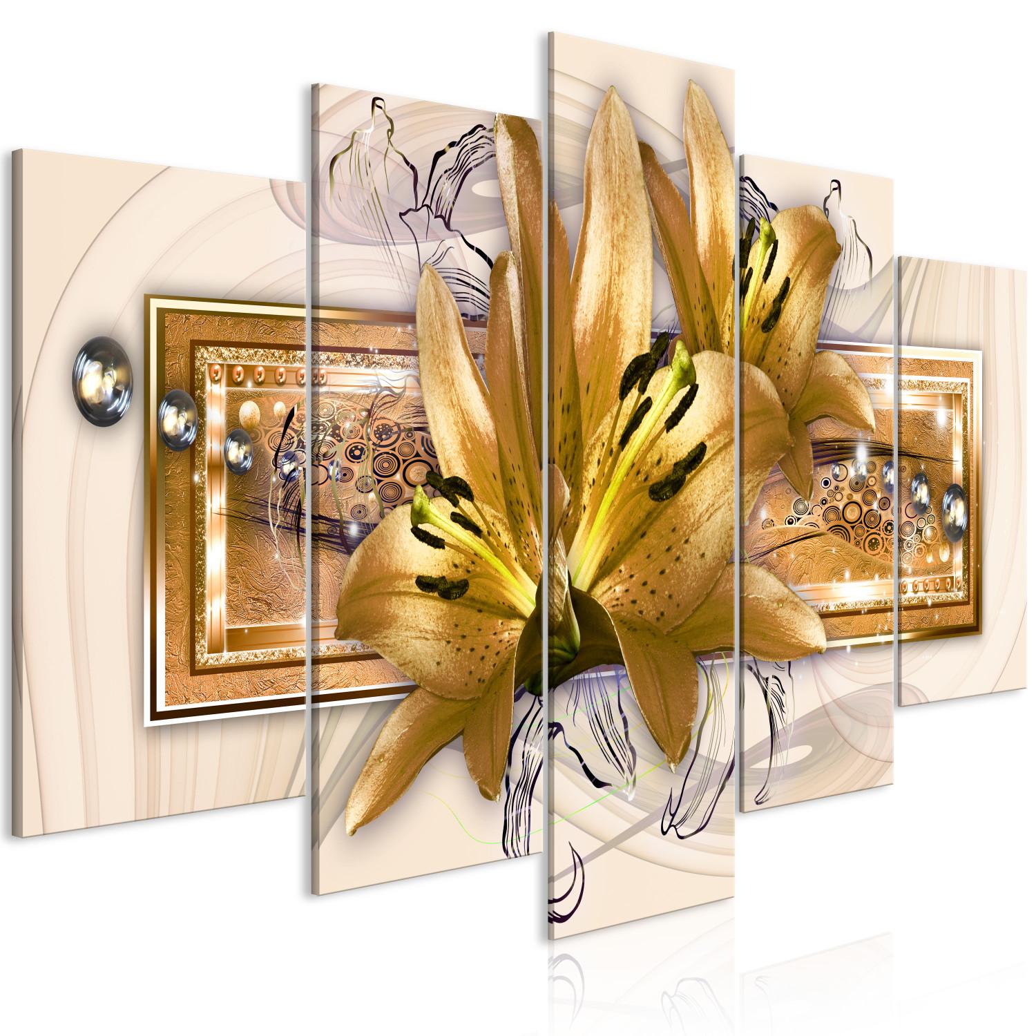 Cuadro moderno Lilies in the Garden (5 Parts) Wide Golden