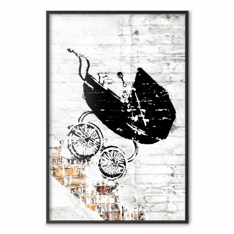 Carrito corriendo - mural Banksy ladrillos blancos