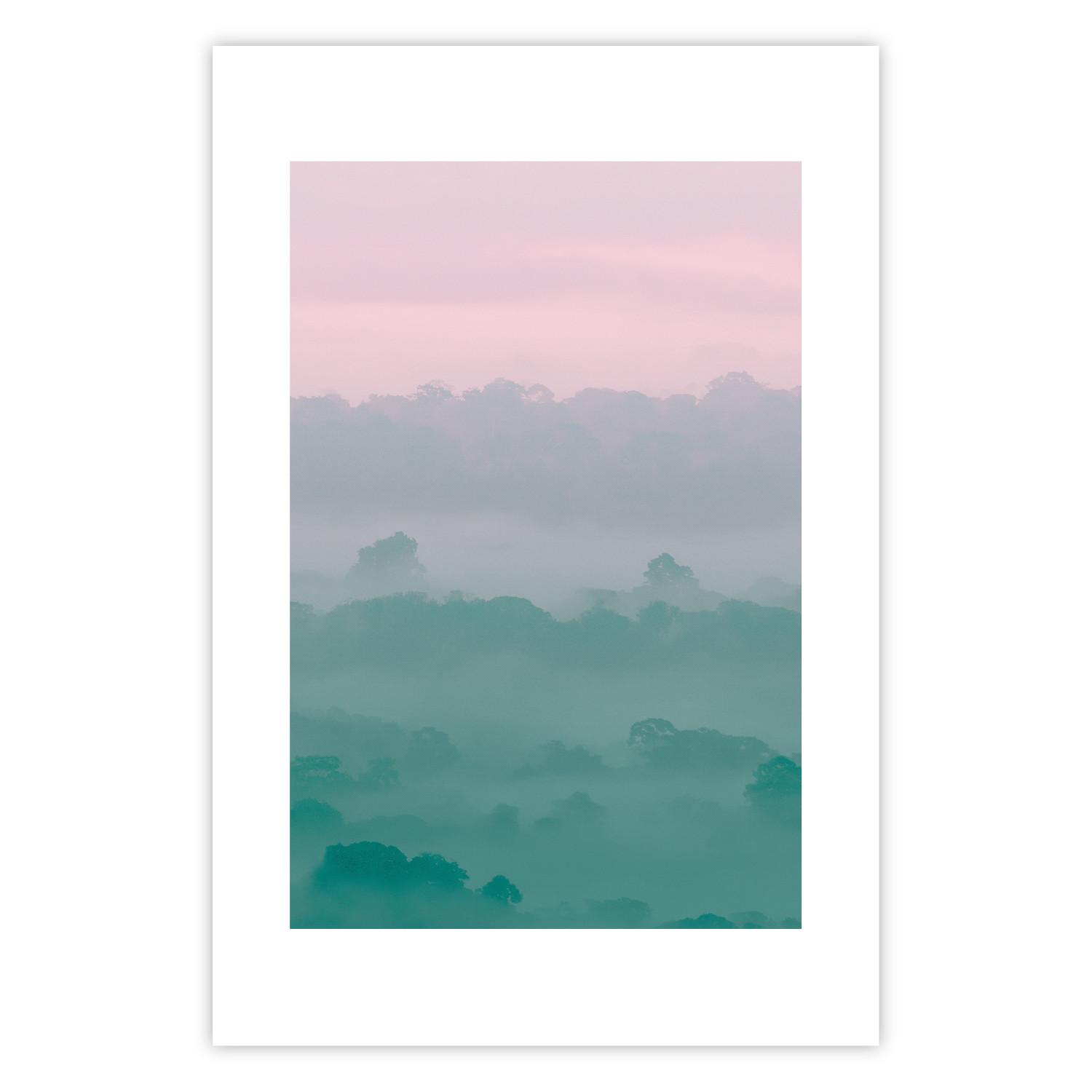 Cartel Amanecer neblinoso - paisaje arbolado niebla pastel