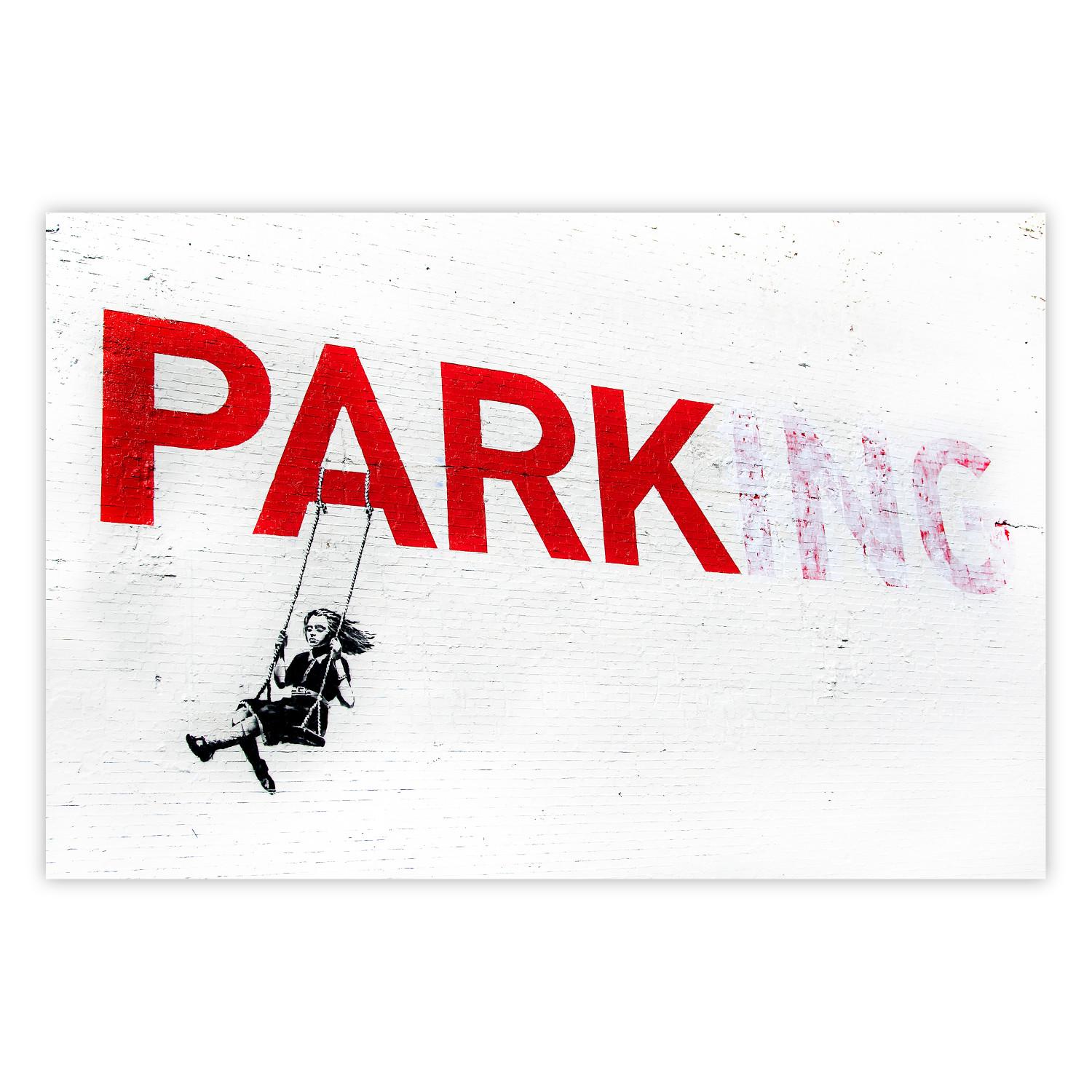 Cartel Park-ing - mural al estilo Banksy con niña en el columpio y texto