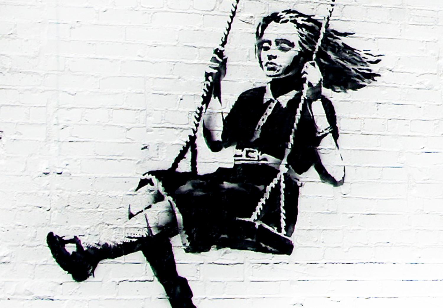 Cartel Park-ing - mural al estilo Banksy con niña en el columpio y texto