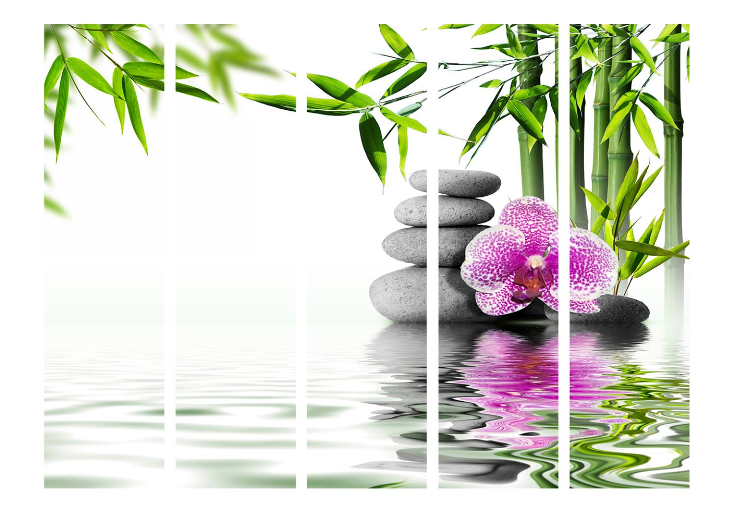 Biombo decorativo Jardín acuático II: piedras, flores rosas fondo bambú estilo Zen