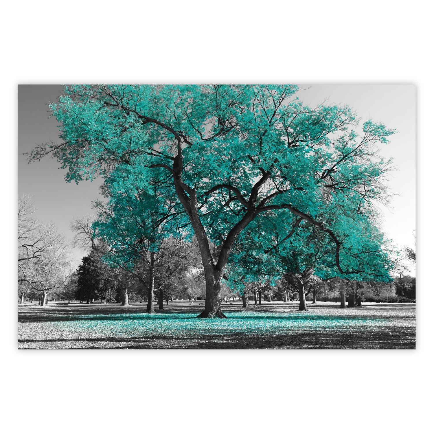 Cartel Otoño en el parque (turquesa) - árbol otoñal gris y hojas turquesas
