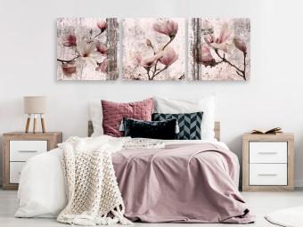 Cuadro moderno Textura floral de rosa (3 partes) - magnolias en un entorno rústico