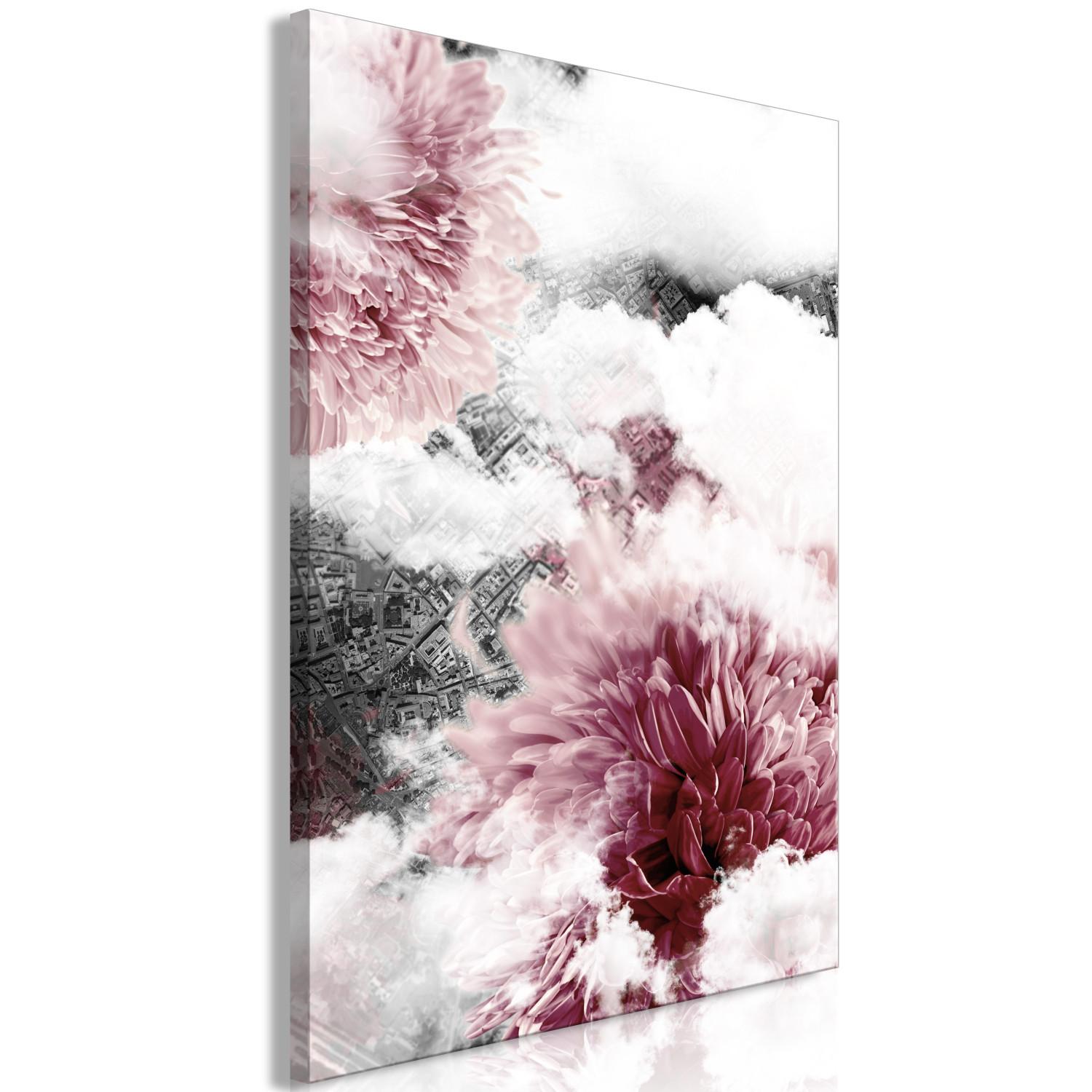 Cuadro Nubes de dalia - fotos interpenetrantes de nubes y flores rosadas.