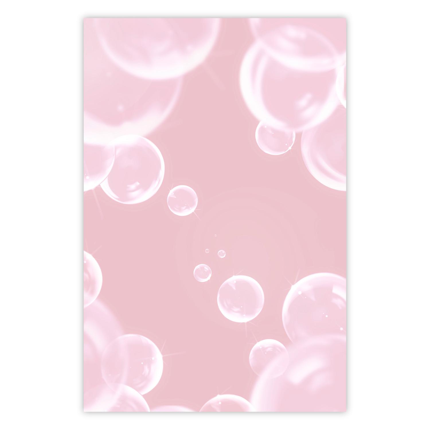 Póster Sutil soplo - burbujas de jabón brillantes volando sobre fondo rosa
