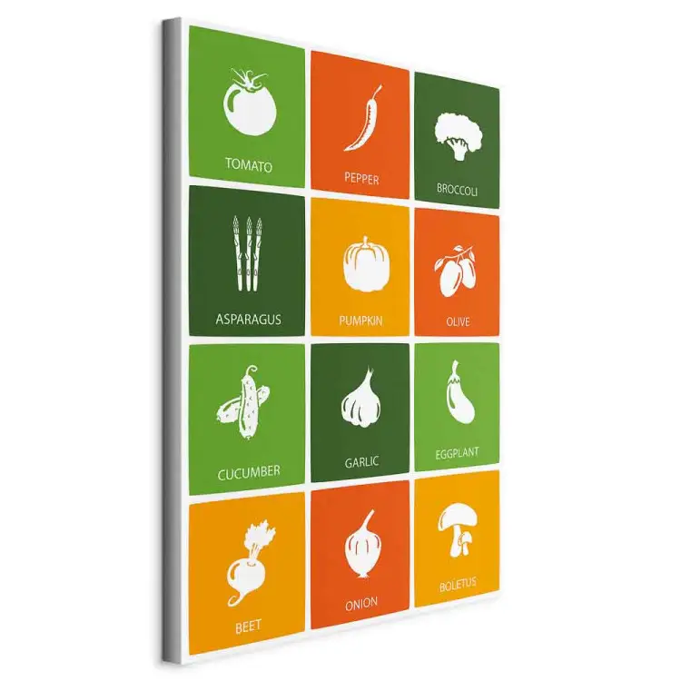Tablero de verduras - iconos blancos con nombres sobre fondo de color