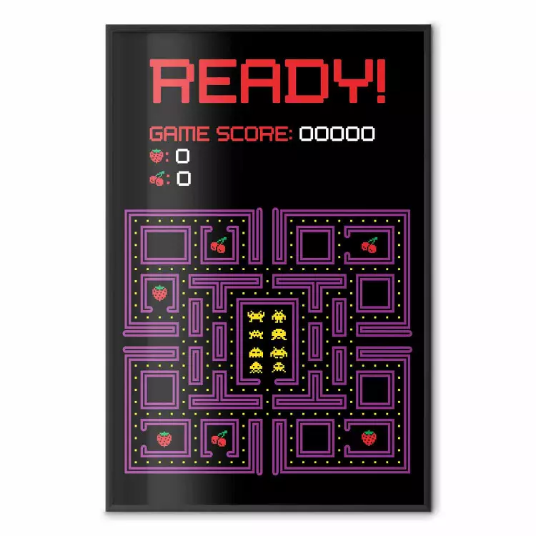 ¡Listo! - escritos en inglés e íconos de frutas en un mapa de Pacman