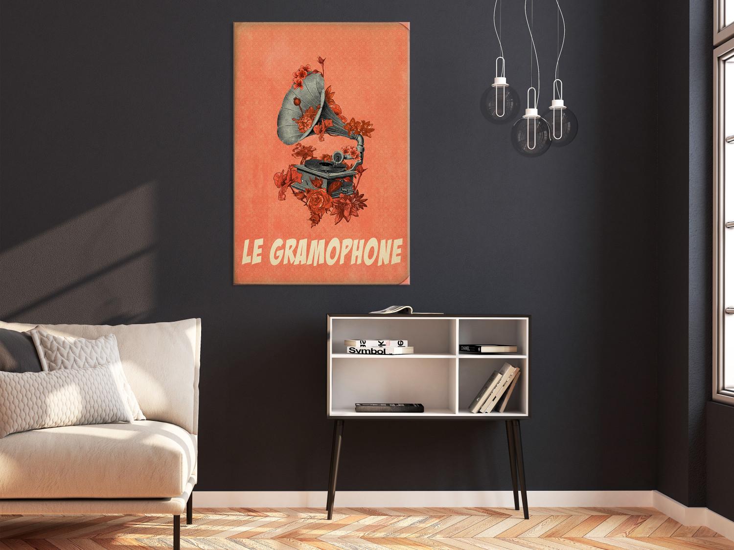 Cuadro Gramófono gris con flores - motivo musical con inscripción en francés