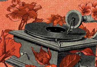 Cuadro Gramófono gris con flores - motivo musical con inscripción en francés