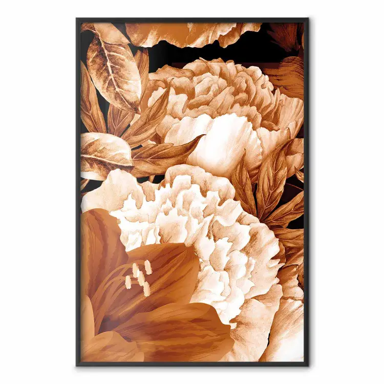 Lirios y peonías - flores y hojas en un motivo sepia sobre fondo negro