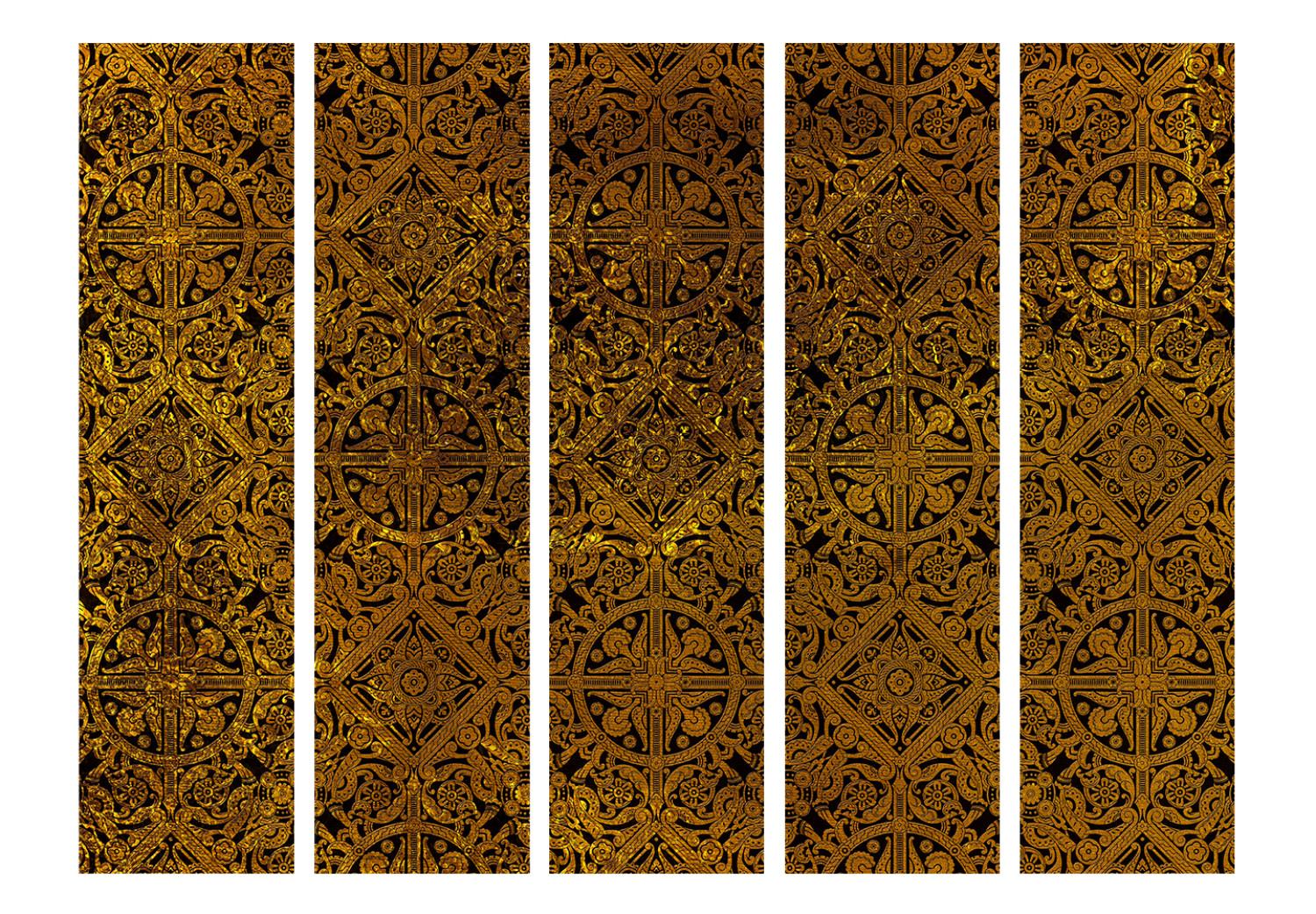 Biombo decorativo Tesoro celta II (5 partes) - diseño étnico dorado en estilo retro