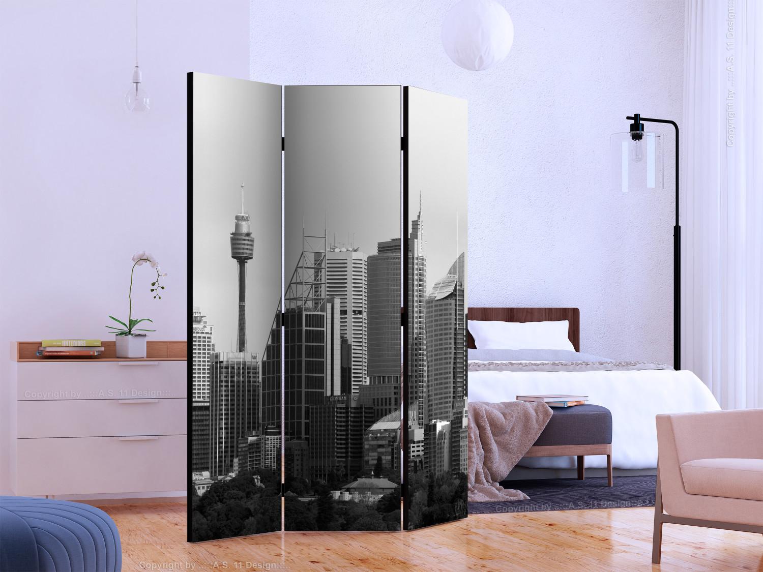 Biombo decorativo Rascacielos de Sydney (3 partes): arquitectura en blanco y negro