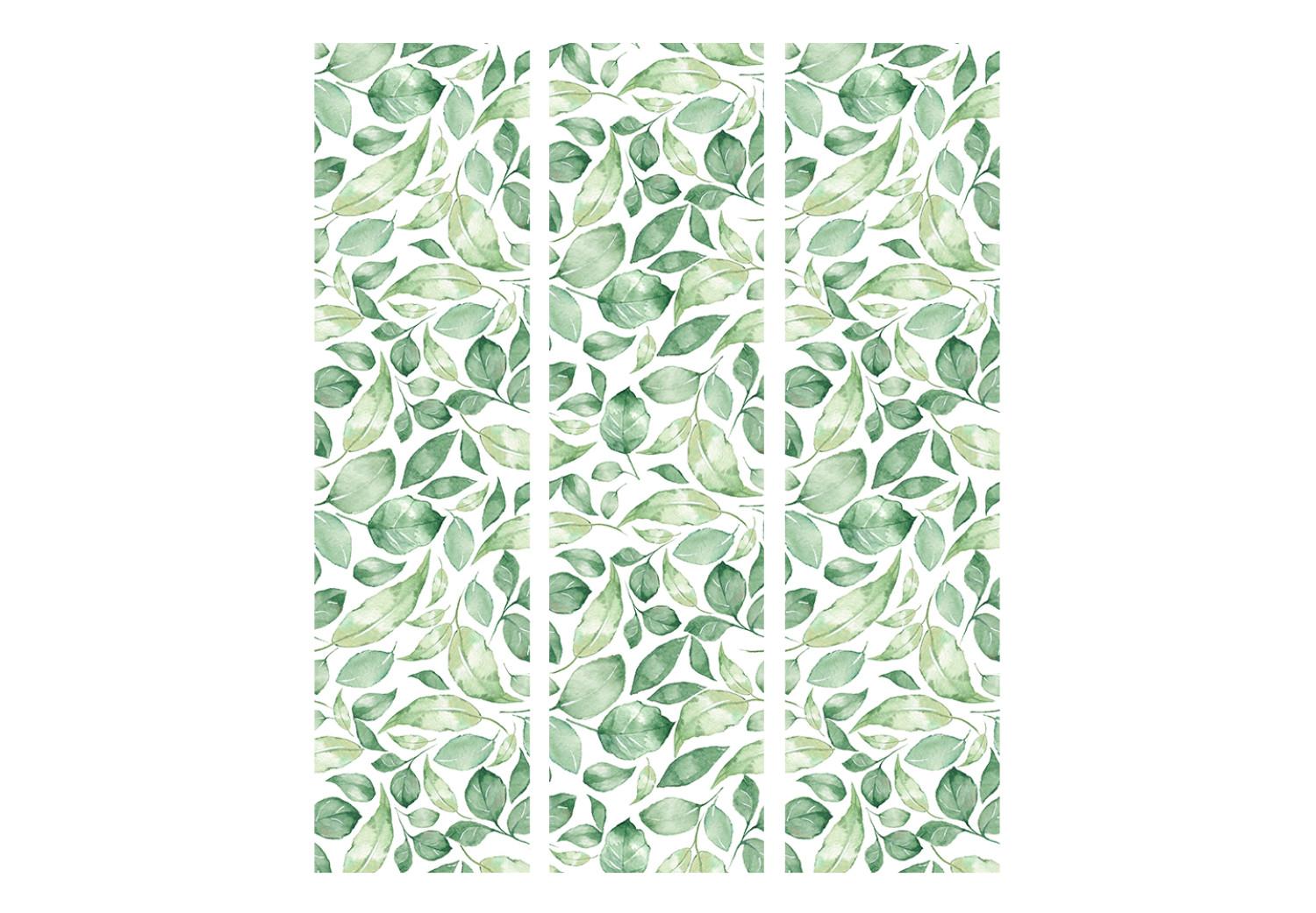 Biombo barato Belleza natural (3 partes): patrón de hojas verdes sobre fondo claro
