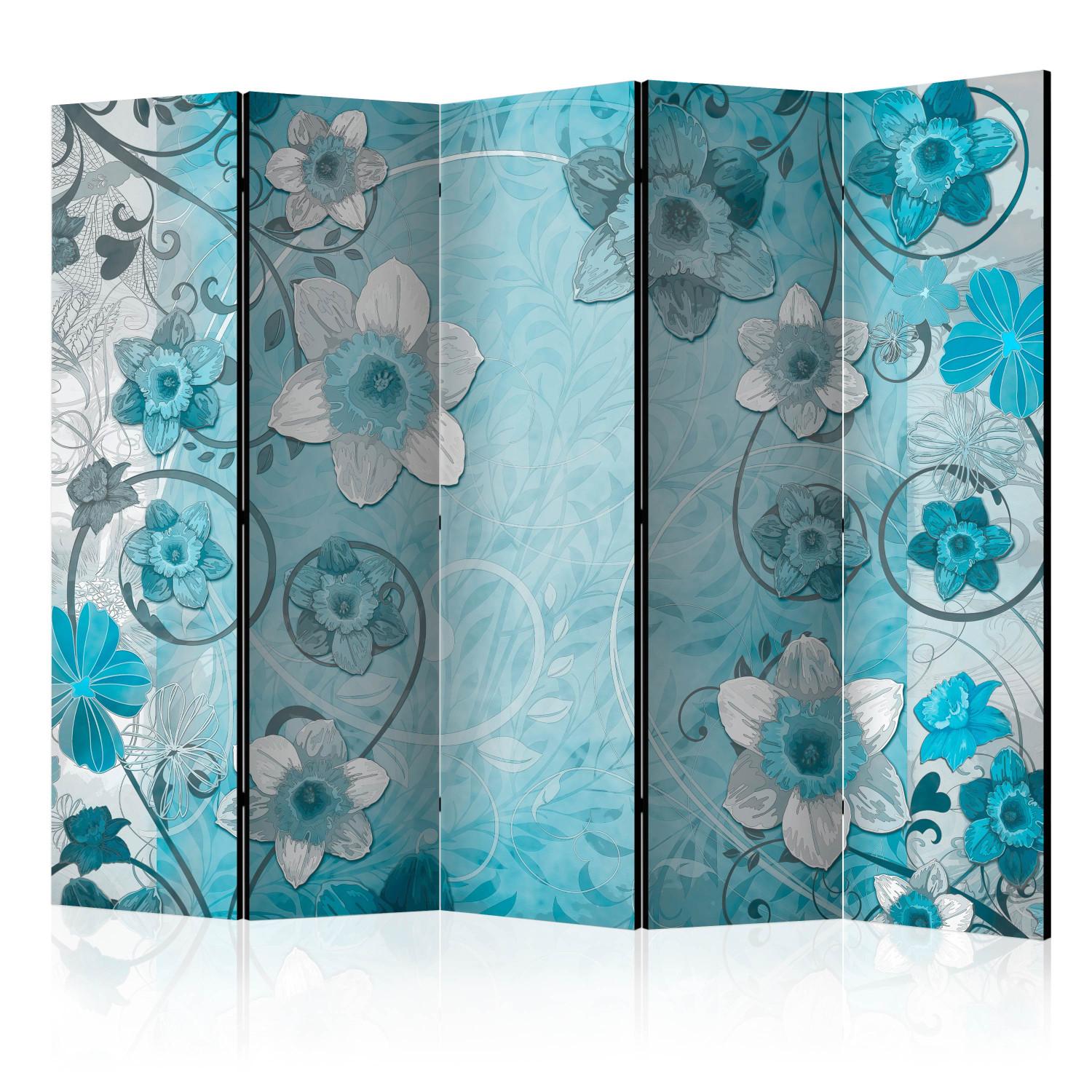 Biombo decorativo Spring Scent II (5 partes) - abstracción en flores y hojas azules