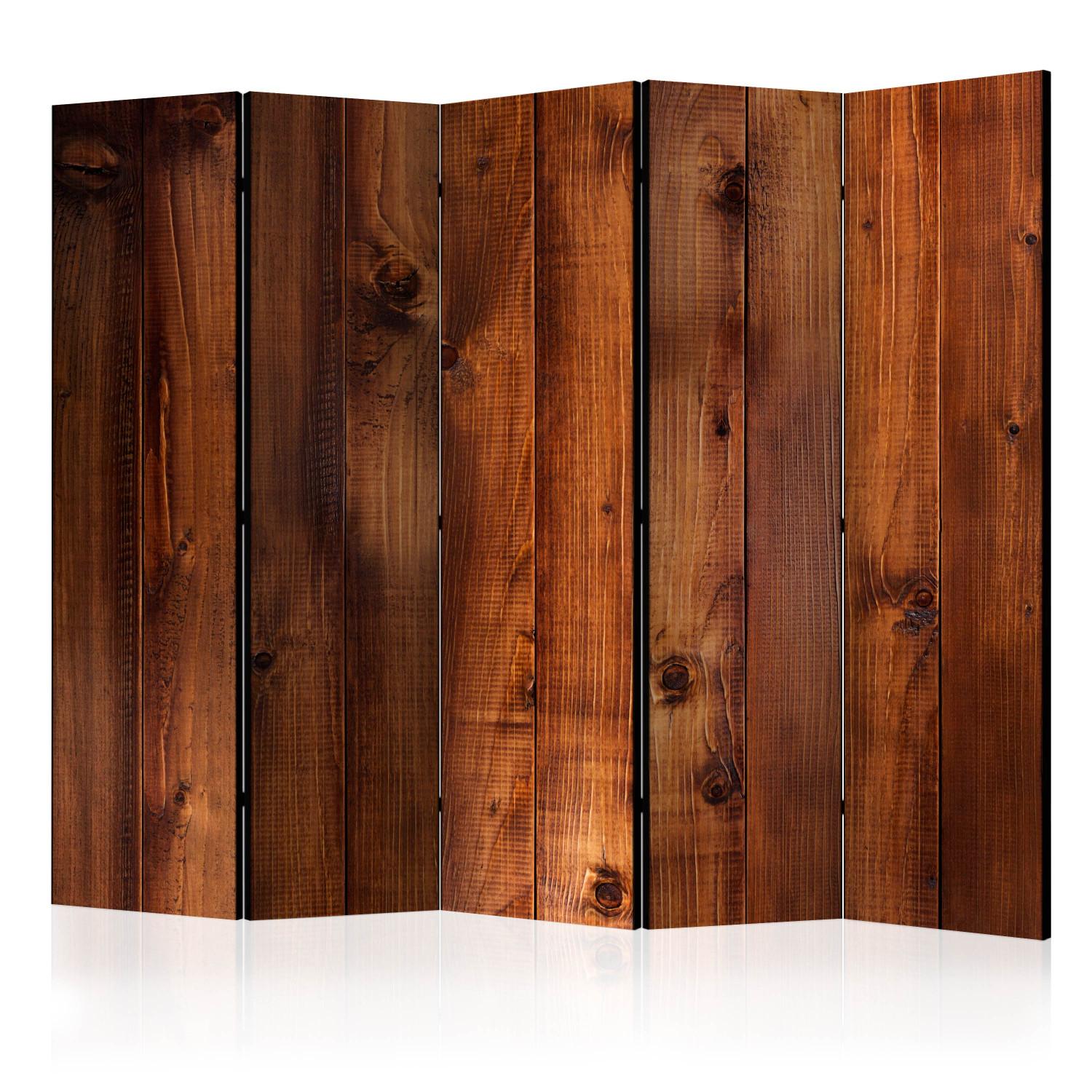 Biombo Pine Planks II (5 partes) - fondo de caoba con textura amaderada