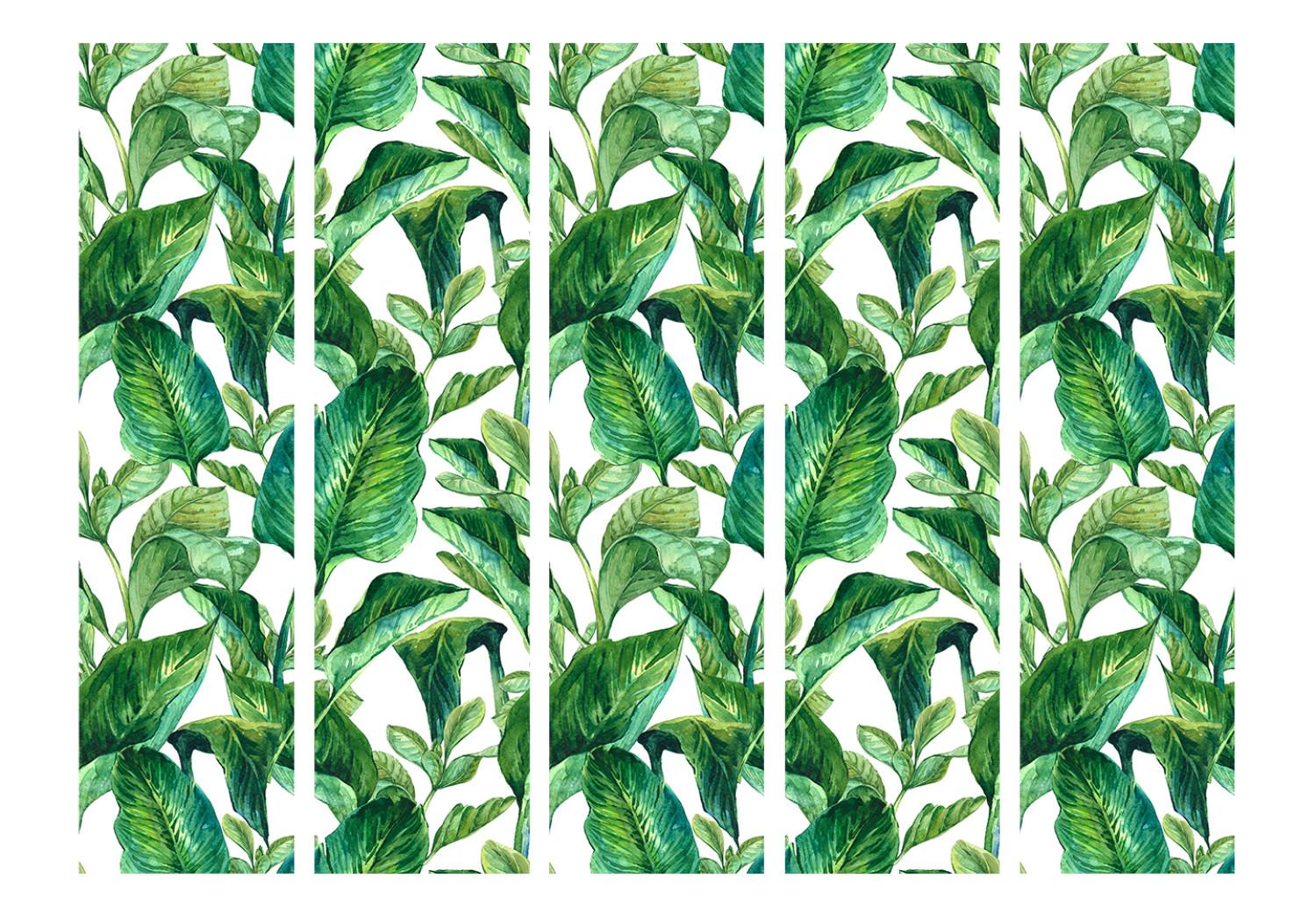 Biombo original Tropical Eden II (5 partes) - hojas exóticas sobre fondo blanco