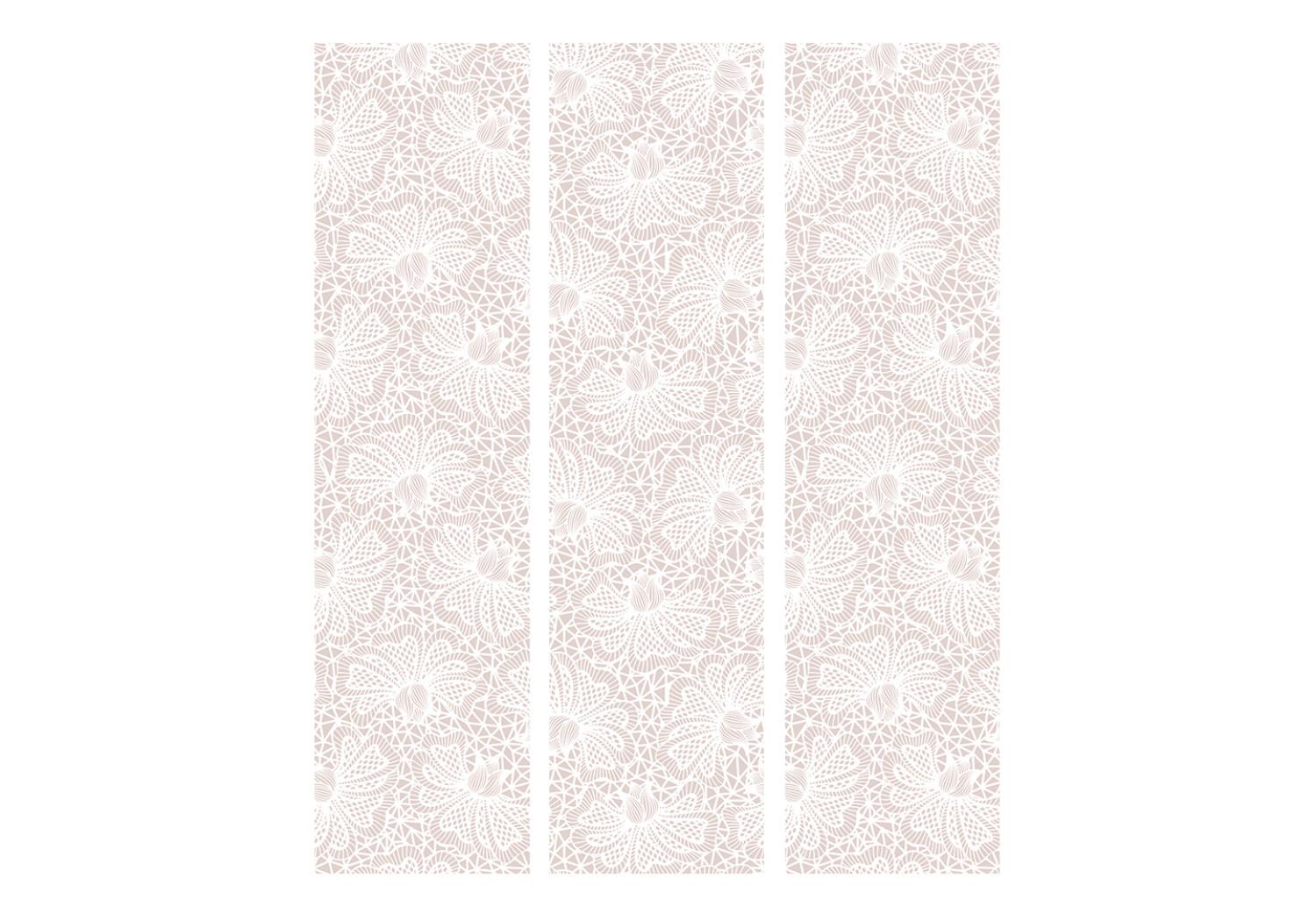 Biombo Adornos tejidos (3 partes) - patrón vegetal beige sobre fondo blanco