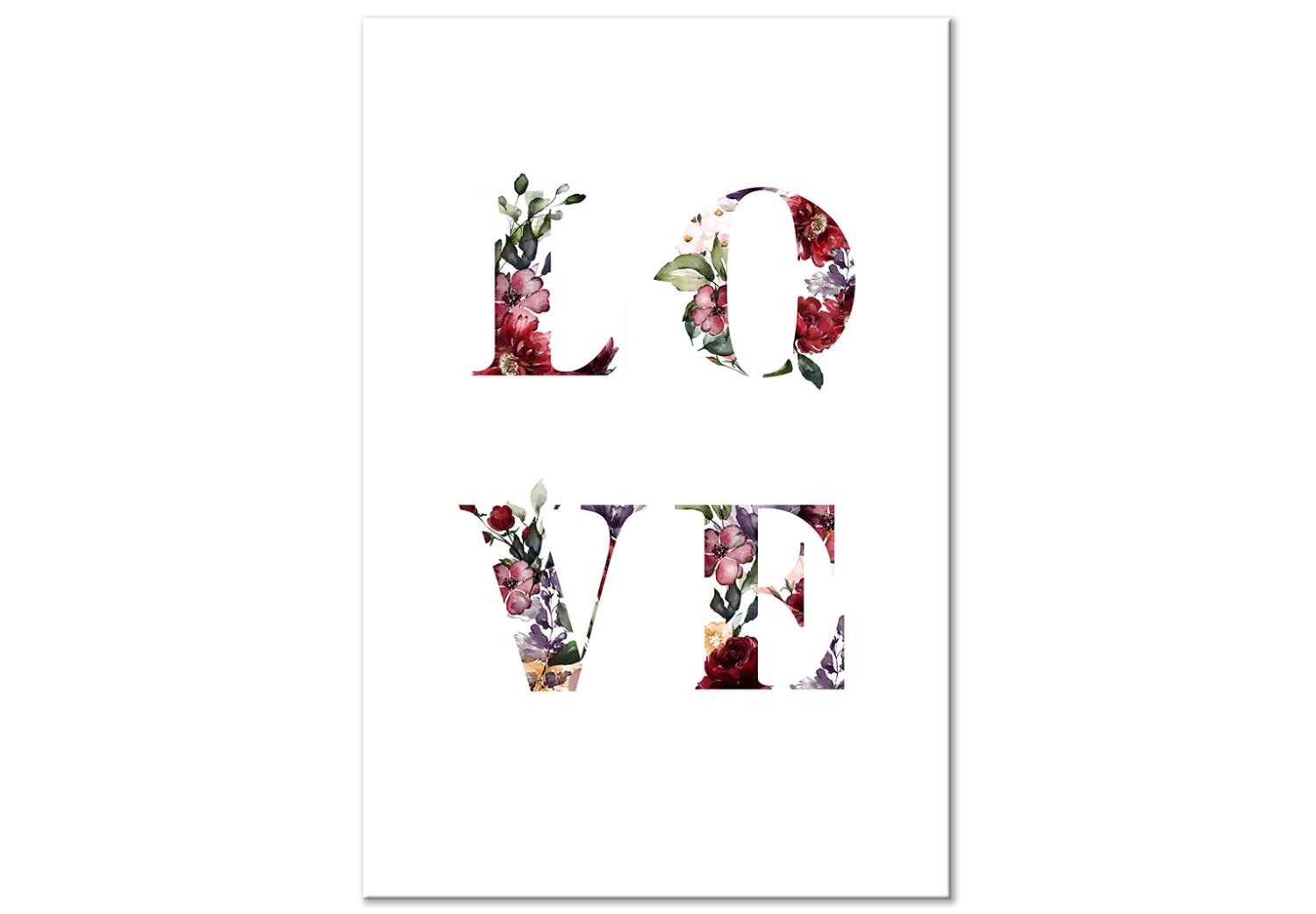 Cuadro decorativo Amor en flores - colorida inscripción en inglés sobre fondo blanco