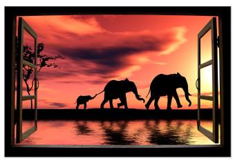 Cuadro moderno Elefantes errantes vistos de una ventana abierta - Paisaje africano