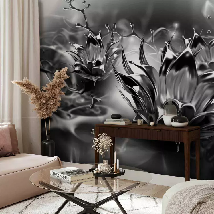 Fotomural decorativo Flor aceitosa en blanco y negro - Abstracción floral con patrón fluido