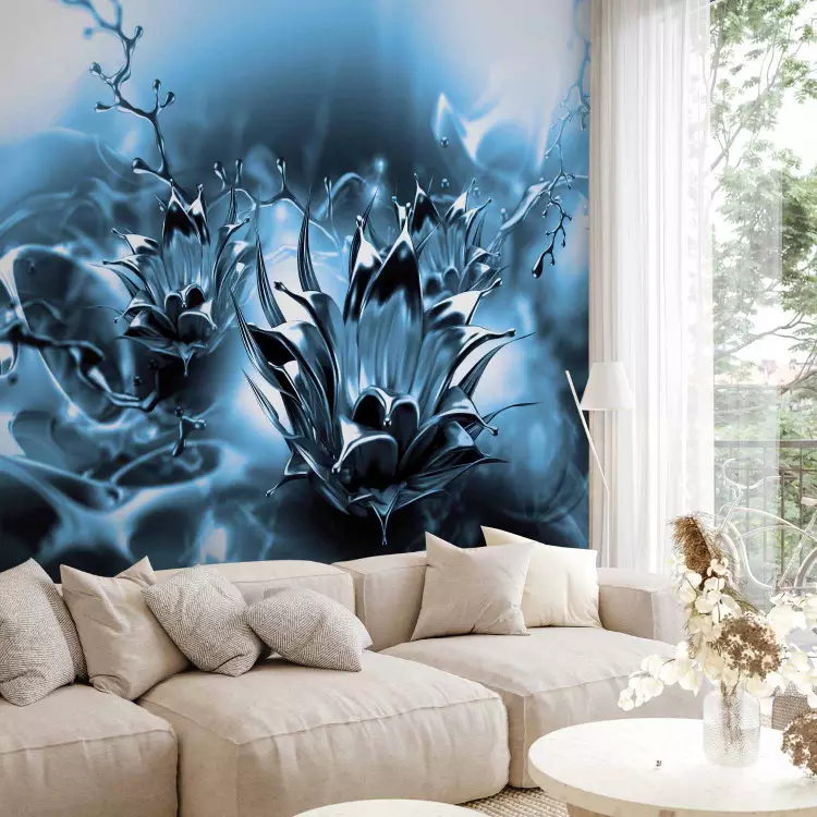 Fotomural decorativo Flor aceitosa azul - Abstracción floral con patrón fluido