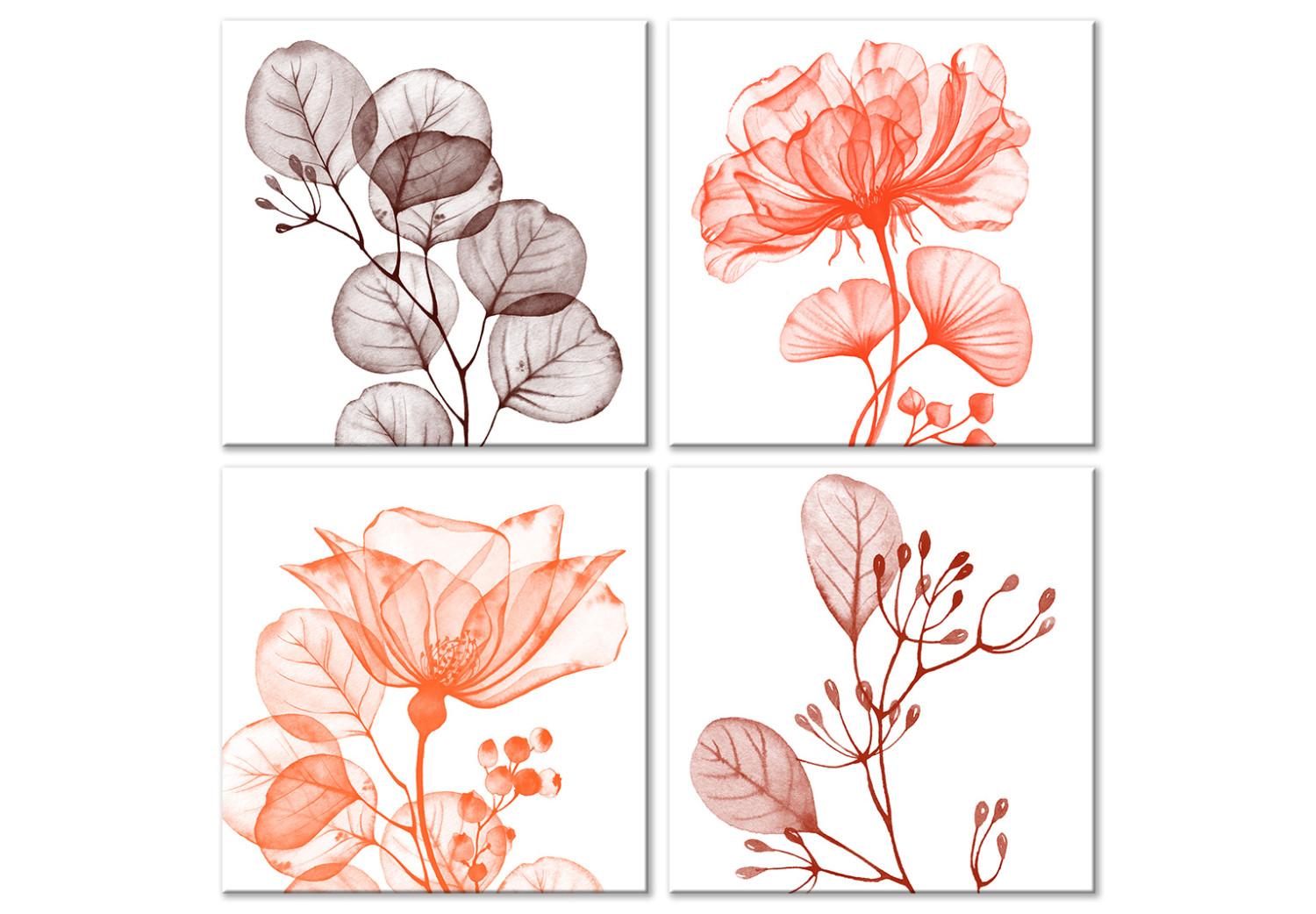 Cuadro Cuatro flores con hojas - composición en cuatro partes en fondo blanco