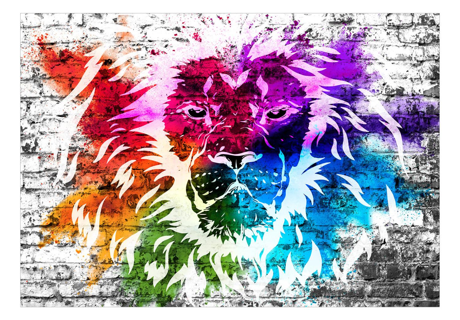 Fotomural Murales - abstracción con león colorido en fondo ladrillo