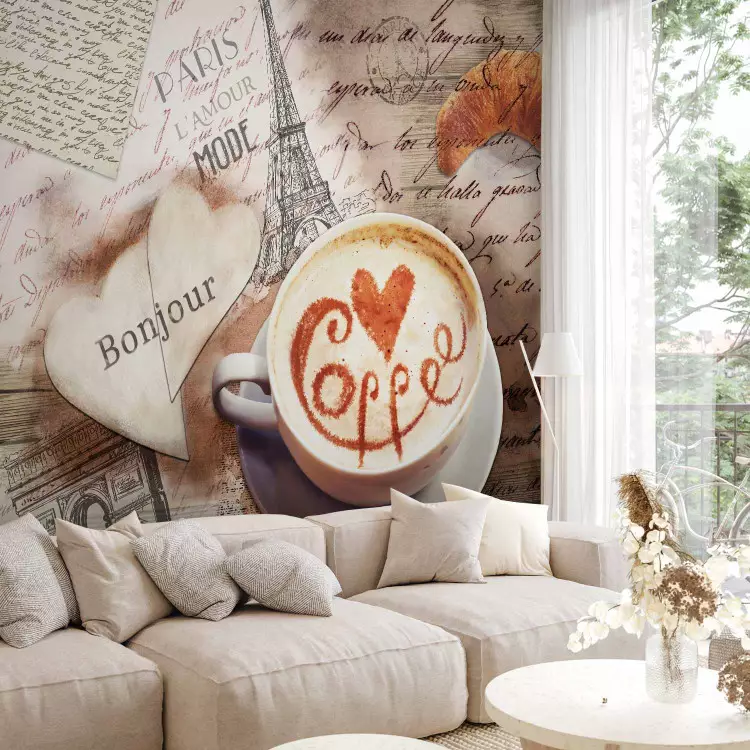 Fotomural decorativo Mañana en París - motivo de café al estilo vintage y textos en francés