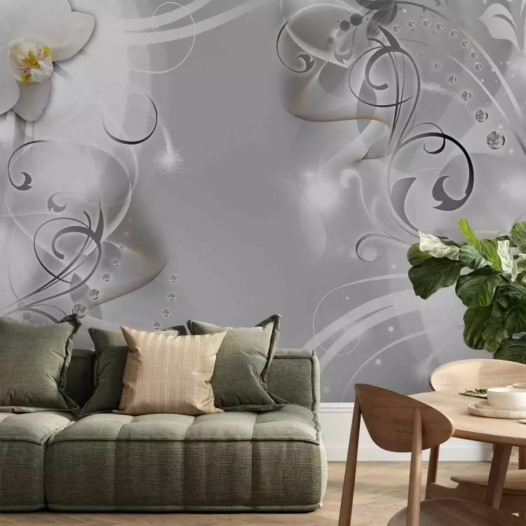 Fotomural decorativo Motivo floral - abstracto con orquídeas blancas en fondo gris