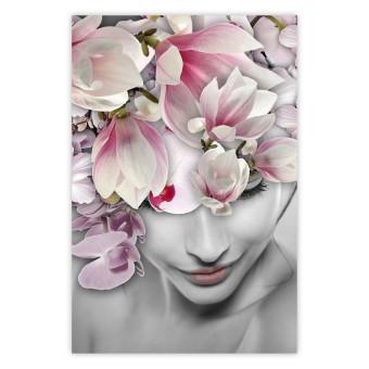 Poster Señora Primavera - mujer con flores rosas en un motivo abstracto