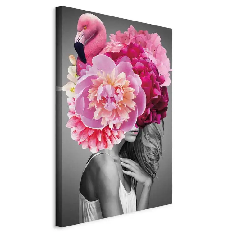 Chica Flamingo vertical - mujer con pájaro y peonía