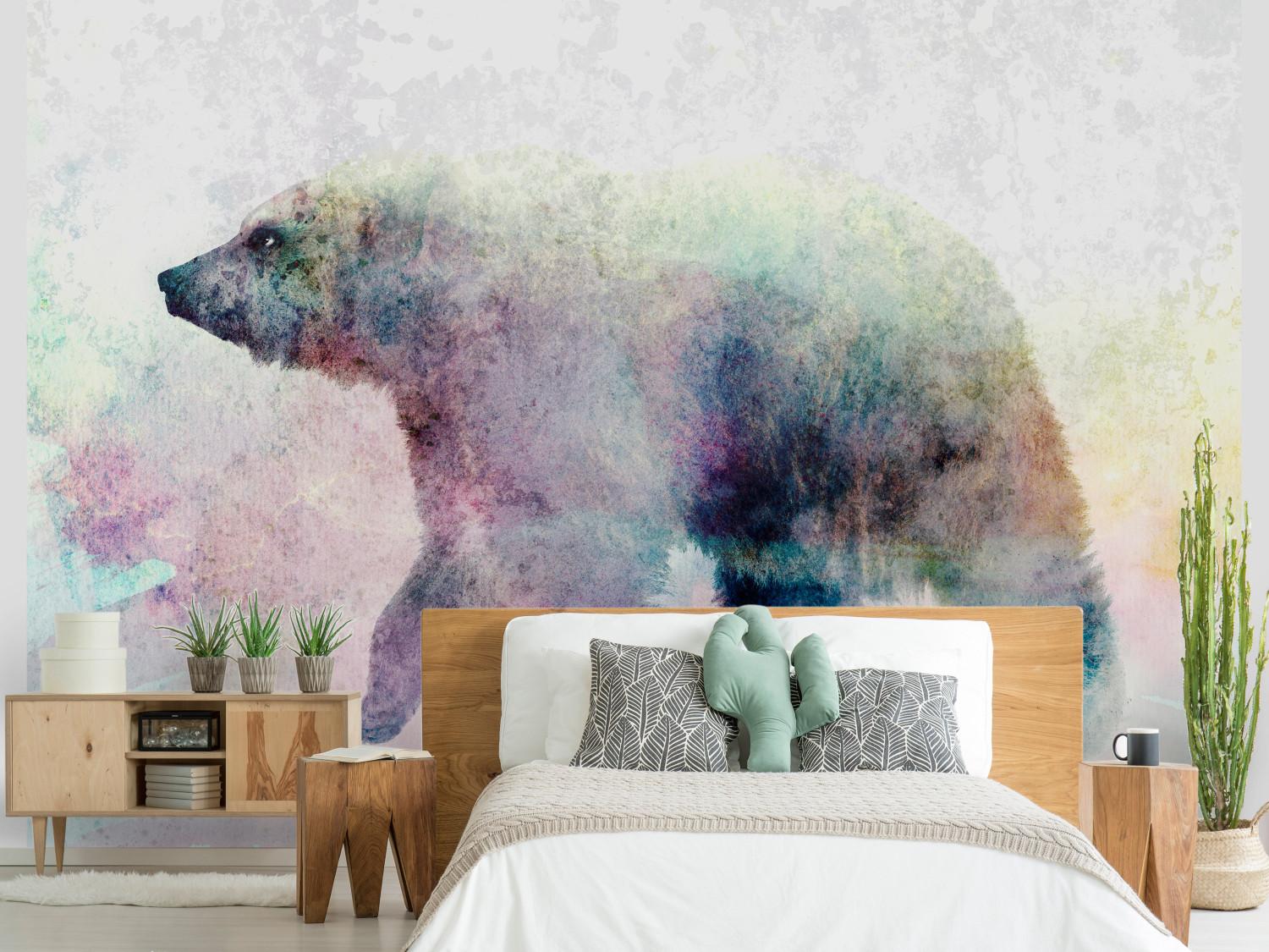 Fotomural a medida Animales invernales - motivo de oso con acento de color en fondo