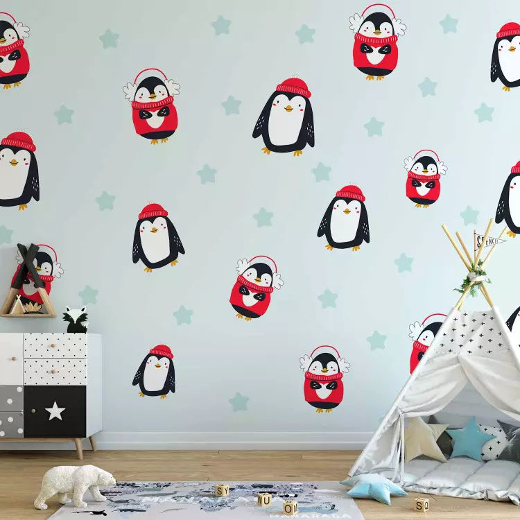 Fotomural decorativo Pingüinos - gráfico infantil con pingüinos y estrellas sobre fondo blanco
