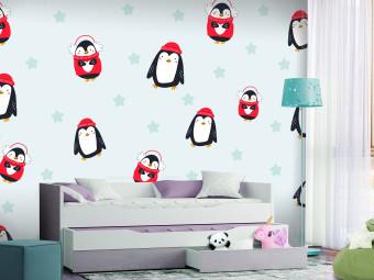 Fotomural decorativo Pingüinos - gráfico infantil con pingüinos y estrellas sobre fondo blanco
