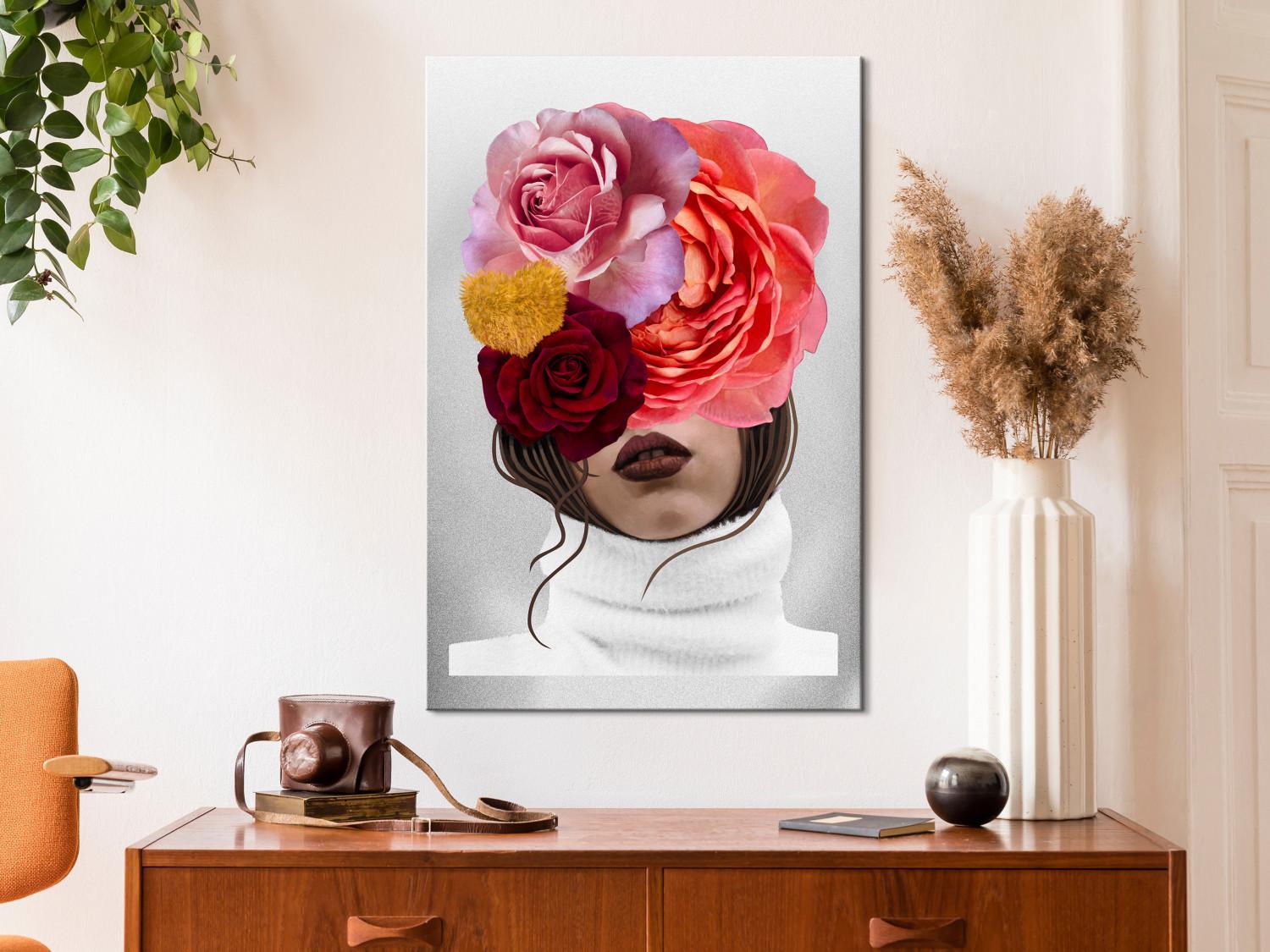 Cuadro decorativo Peonías y rosas cubriendo el rostro de una mujer - retrato abstracto