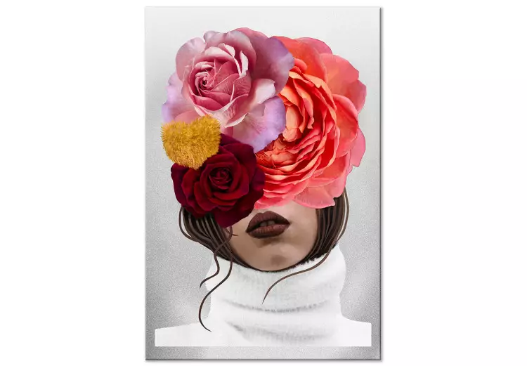 Peonías y rosas cubriendo el rostro de una mujer - retrato abstracto