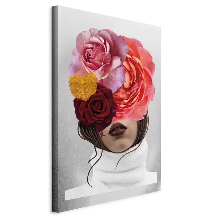 Peonías y rosas cubriendo el rostro de una mujer - retrato abstracto