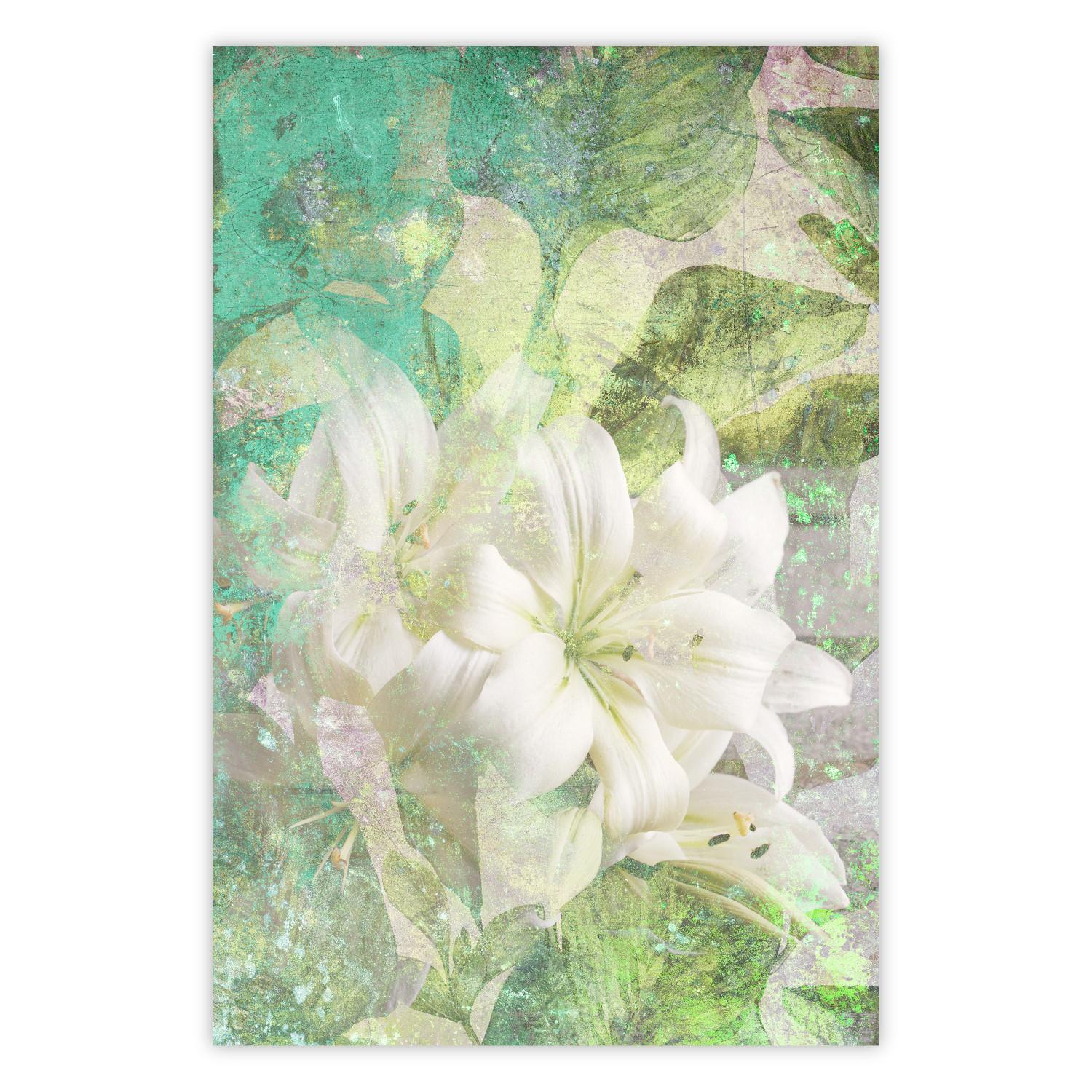 Poster Aliento verde - textura con flor blanca de lirio sobre fondo verde