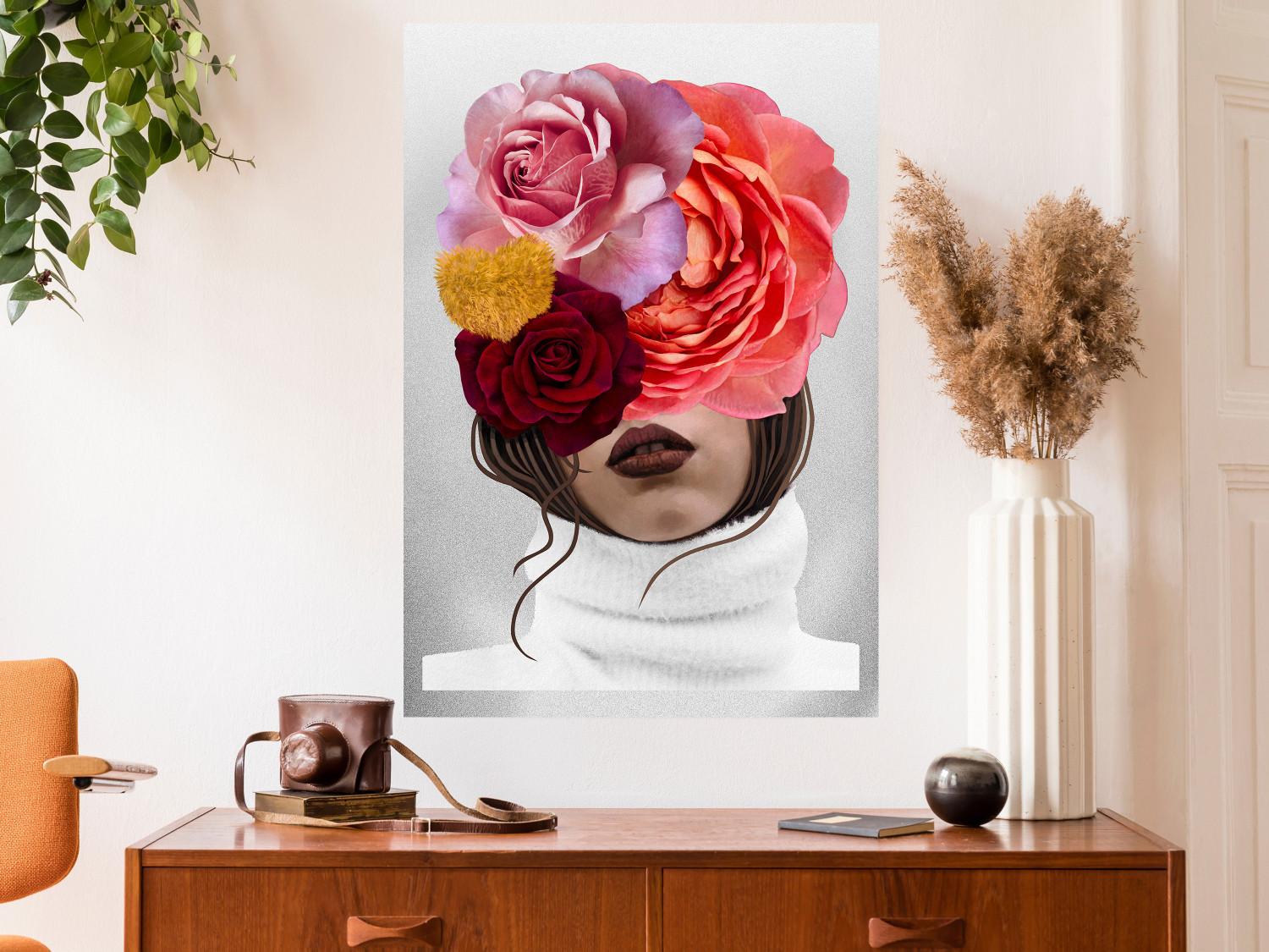 Poster Suéter blanco - mujer abstracta con flores sobre claro