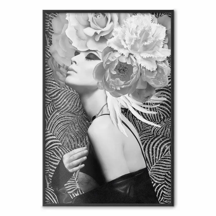 Princesa de plata - retrato de mujer con flores sobre fondo abstracto