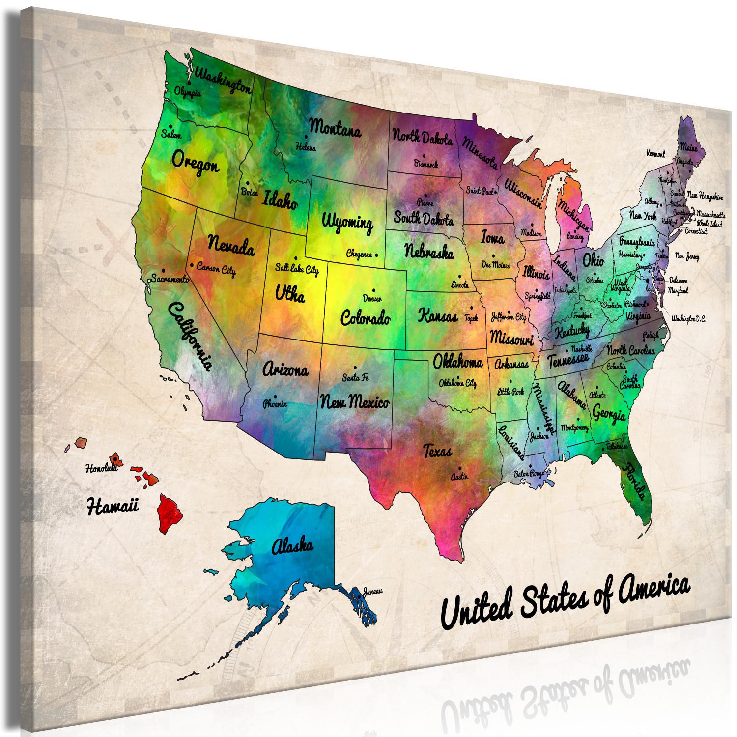 Cuadro moderno Mapa de América del Norte - multicolor con subtítulos en inglés