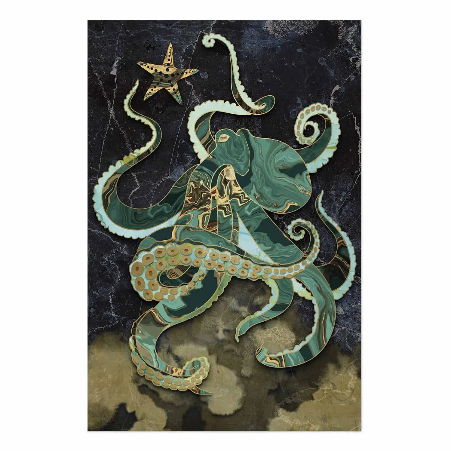 Póster Pulpo marmóreo pulpo verde abstracto sobre fondo marino
