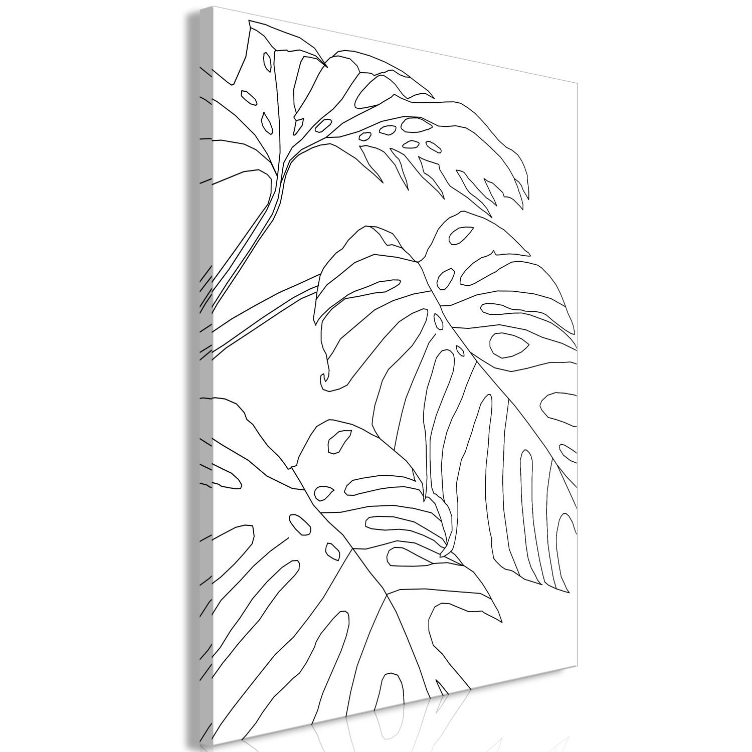 Cuadro decorativo Tres hojas de monstera - contornos negros de hojas sobre fondo blanco