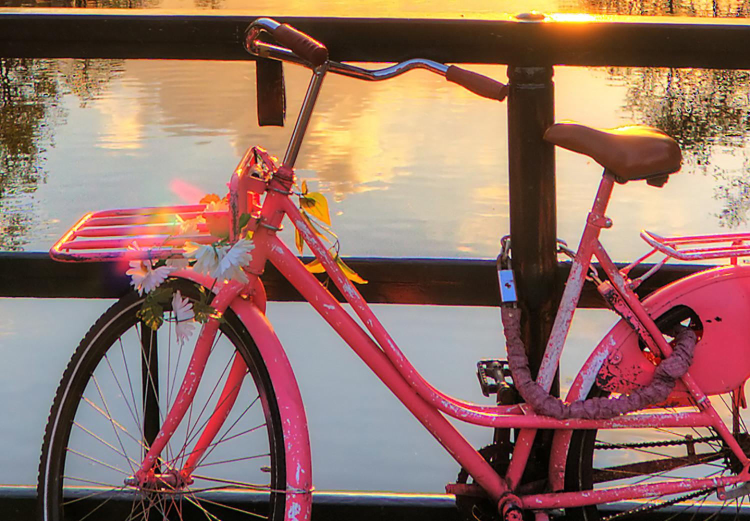 Cuadro decorativo Ciudad en bicicleta (1 pieza) ancho - paisaje fluvial de Ámsterdam