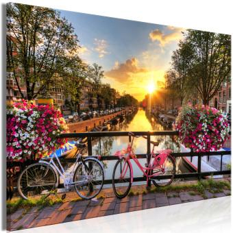 Cuadro decorativo Ciudad en bicicleta (1 pieza) ancho - paisaje fluvial de Ámsterdam