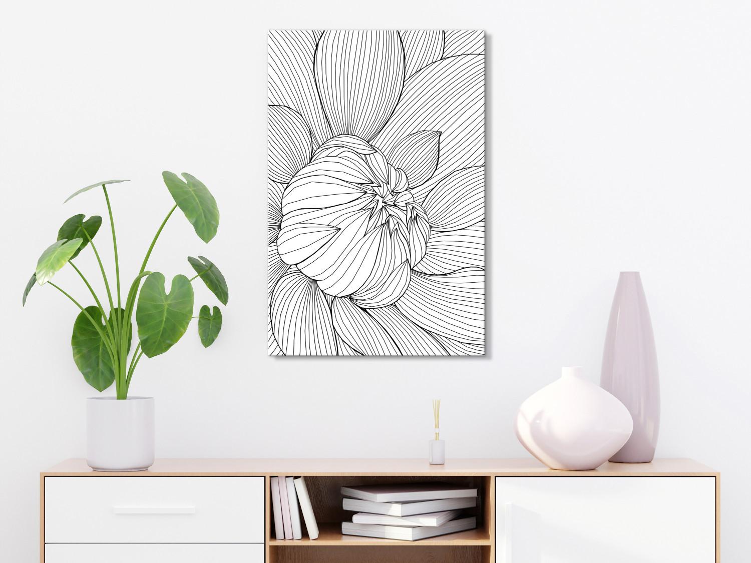 Cuadro decorativo Flor de peonía - contornos en blanco y negro de planta, arte lineal