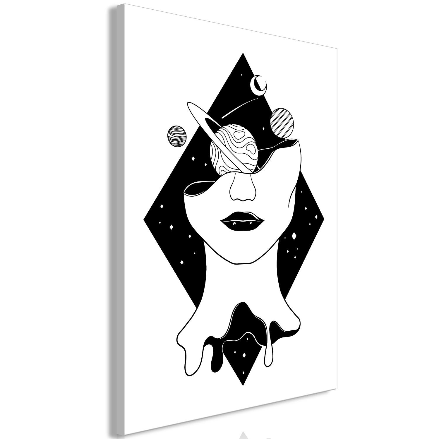 Cuadro Planetas, luna y figura femenina - abstracción en blanco y negro