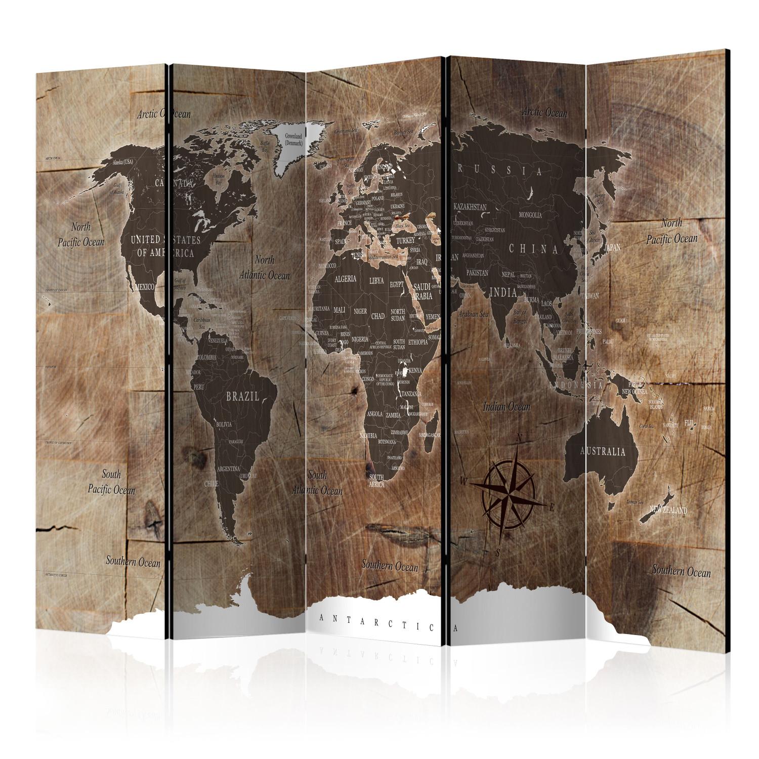 Biombo original Mapa mundial en madera (5 partes) - continentes en tonos marrones